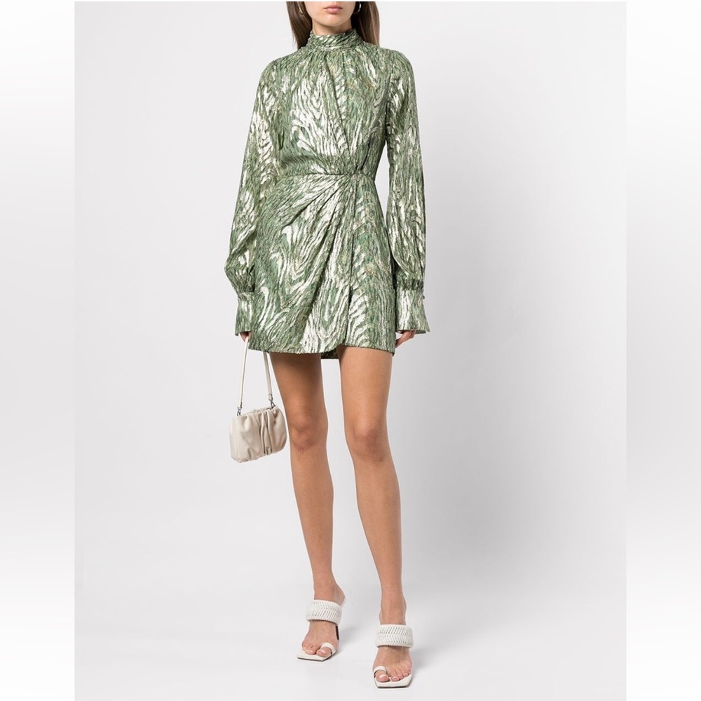 SIMKHAI Halen Silk Moire Detail Ruched-Waist mini Dress Cocktail Green Metallic
